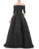 Off-the-Shoulder 3/4-Sleeve Fil Coupe Ball Gown, Black