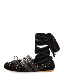 Velvet Ankle-Wrap Ballerina Flat, Nero