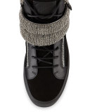 Leather Mid-Top Sneaker with Jeweled Strap, Black