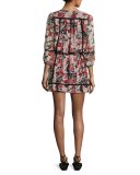 Eldora Floral-Print Silk 3/4-Sleeve Blouson Dress, Black