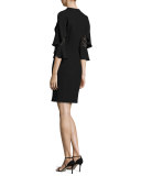 Ruffled Lace-Sleeve Shift Dress, Black