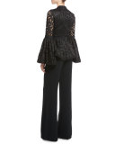 Jolene Guipure Lace Bell-Sleeve Top, Black