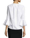 Tiered Lace Poplin Bell-Sleeve Top, White