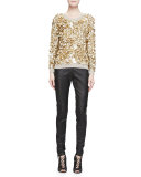 Side-Paneled Leather Leggings, Black