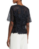 Short-Sleeve 3D Embroidered Lace Blouse, Navy