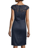Beaded Cap-Sleeve Satin Cocktail Dress