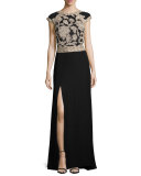 Cap-Sleeve Lace-Trim Crepe Column Gown, Ginseng/Black