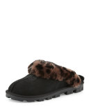 Leopard-Print Mule Shearling Slipper, Black