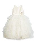 Satin & Tiered Tulle Special Occasion Dress, Ivory, Size 2-10