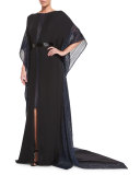 Metallic-Stripe Belted Caftan Gown, Black