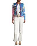 Fringe-Trim Flared Ankle Jeans, Peach