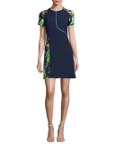 Short-Sleeve Floral Jacquard Sheath Dress, Navy