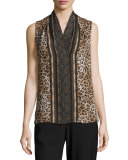 Leopard-Print Sleeveless Silk Blouse, Almond Cream