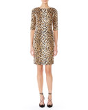 Cheetah-Print Half-Sleeve Sheath Dress, Black/Camel