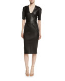 Leather Half-Sleeve V-Neck Dress, Black