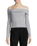 Long-Sleeve Striped Off-the-Shoulder Top, Soft White