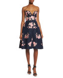 Strapless Floral-Embroidered Cocktail Dress, Navy/Pink