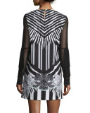 Printed Dress W/Sheer Sleeves, Black/White