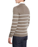 Cashmere-Cotton Striped Crewneck Sweater, Smoke/Ash