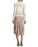Long-Sleeve Mixed-Knit Top, Ivory