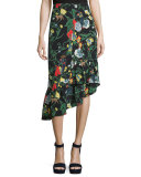 Gypsy Printed Silk Asymmetric Midi Skirt, Blamu