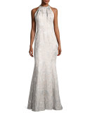 Sleeveless Metallic Brocade Gown, Silver