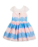 Cap-Sleeve Textured Tulle Fit & Flare Dress, Pink/Blue, Size 7-16