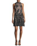Embroidered Sleeveless High-Neck Cocktail Dress, Black/Nude