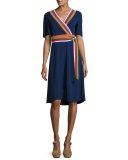 Peggy Wrap Dress w/ Striped Trim, Navy