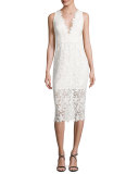 Sleeveless V-Neck Lace Sheath Dress, White