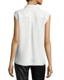 Sleeveless Linen-Blend Tuxedo Shirt, White