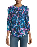 3/4-Sleeve Animal-Print Pleated-Back Blouse 