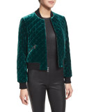 Demia Quilted Velvet Bomber Jacket, Turquoise
