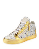 Paint-Splatter Mid-Top Sneaker, Gold/White