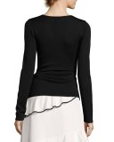 Hilary Long-Sleeve Stretch Faux-Wrap Top, Jet