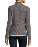 Patchwork-Houndstooth Fringe-Trim Jacket