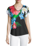 Reneah Cap-Sleeve Floral-Print Top, Black