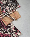 Check & Floral Gauze Scarf, Blue-Gray