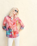 Button-Front Watercolor-Print Blouse, Multi Colors