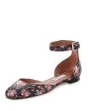 Lina Rose-Print Ankle-Wrap Flat, Black/Multi