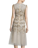 Sleeveless Sequin-Embroidered Tulle Cocktail Dress, Gold