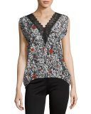 Trixy Floral Lace-Trim Sleeveless Top, Noir