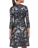 3/4-Sleeve Split-Neck Metallic Coat Dress, Blue Jay