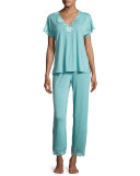 Zen Floral Lace-Trim Pajama Set, Blue Shell