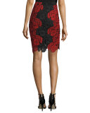 Farrel Floral-Lace Pencil Skirt, Black/Red