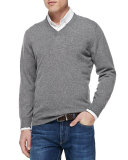 Cashmere V-Neck Pullover Sweater, Gray