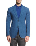 Gingham Seersucker Two-Button Blazer, Blue