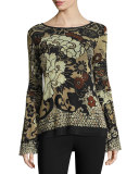 Bell-Sleeve Tie-Neck Top, Black Pattern