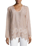 Long Shirred-Yoke Eyelet Tunic, Blush, Plus Size