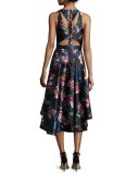 Sleeveless Floral Satin High-Low Dress, Garnet/Multicolor